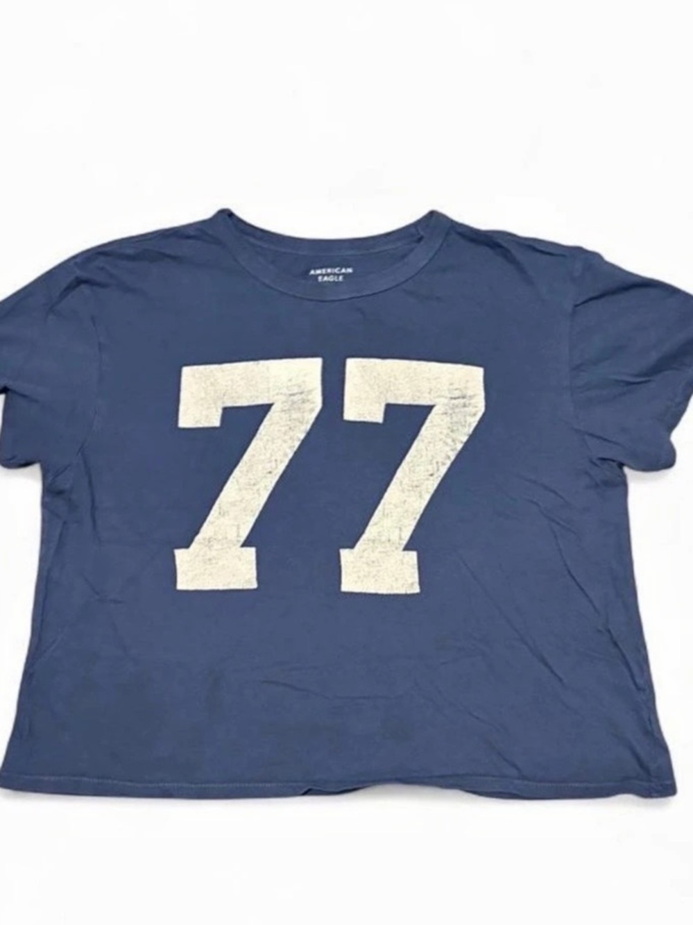 American Eagle Outfitters Women’s Sz. L blue cropped tee with white number 77